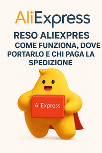 Mascotte gialla di AliExpress che cammina sorridendo con occhiali da sole, una tazza di caffè e una borsa rossa AliExpress, su sfondo rosso con testo reso aliexpress