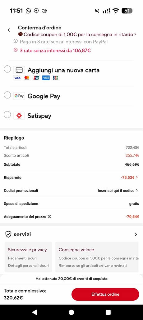 Schermata di checkout dogana AliExpress con dettaglio totale, sconto applicato e voce Adeguamento del prezzo per ordini sopra 150 euro